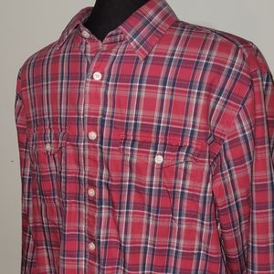 Untuckit Mens Redish Pink Plaid Long Sleeve Down Shirt Size Large 100% Cotton